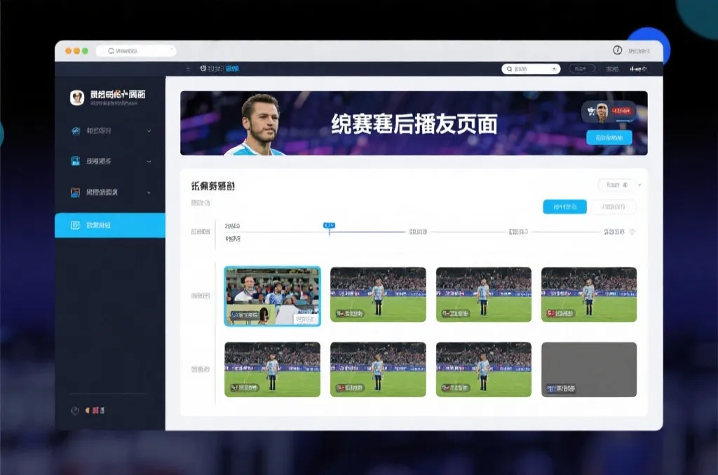 比赛结束后，电视屏幕展示集锦回放页面，旁边有时间轴和多角度切换提示